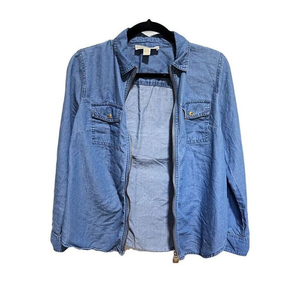 Michael Denim Chambray Zip Front Top Women’s PM - Picture 2 of 16